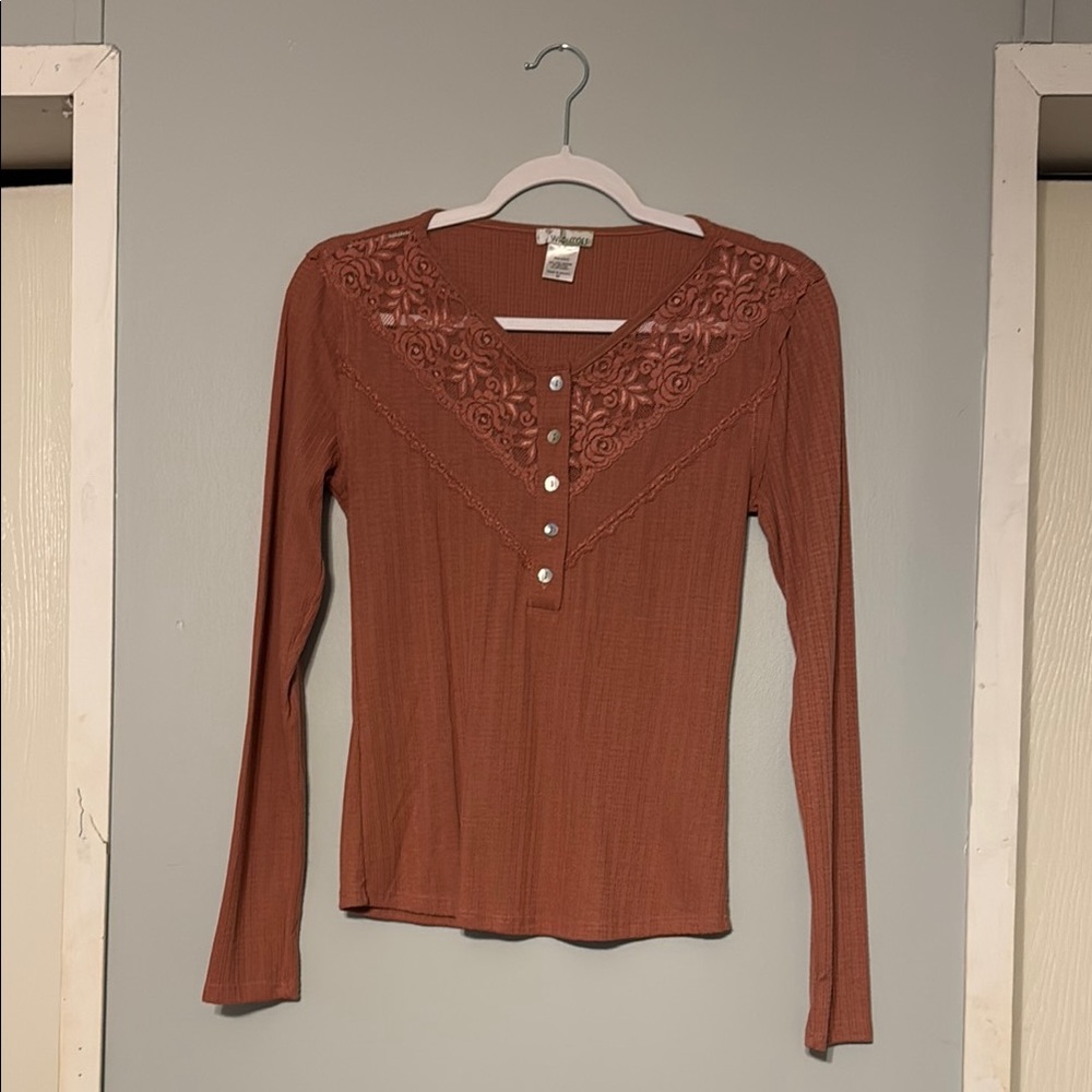 Anthropologie Red Long Sleeve Fitted Blouse with Buttoned Embellishments
